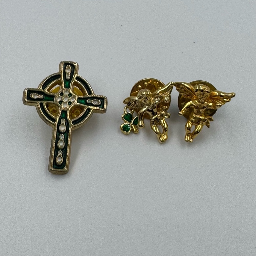 Celtic Cross and 2 Angel Pins Gold Tone Tack Pins Irish Clover Cherub